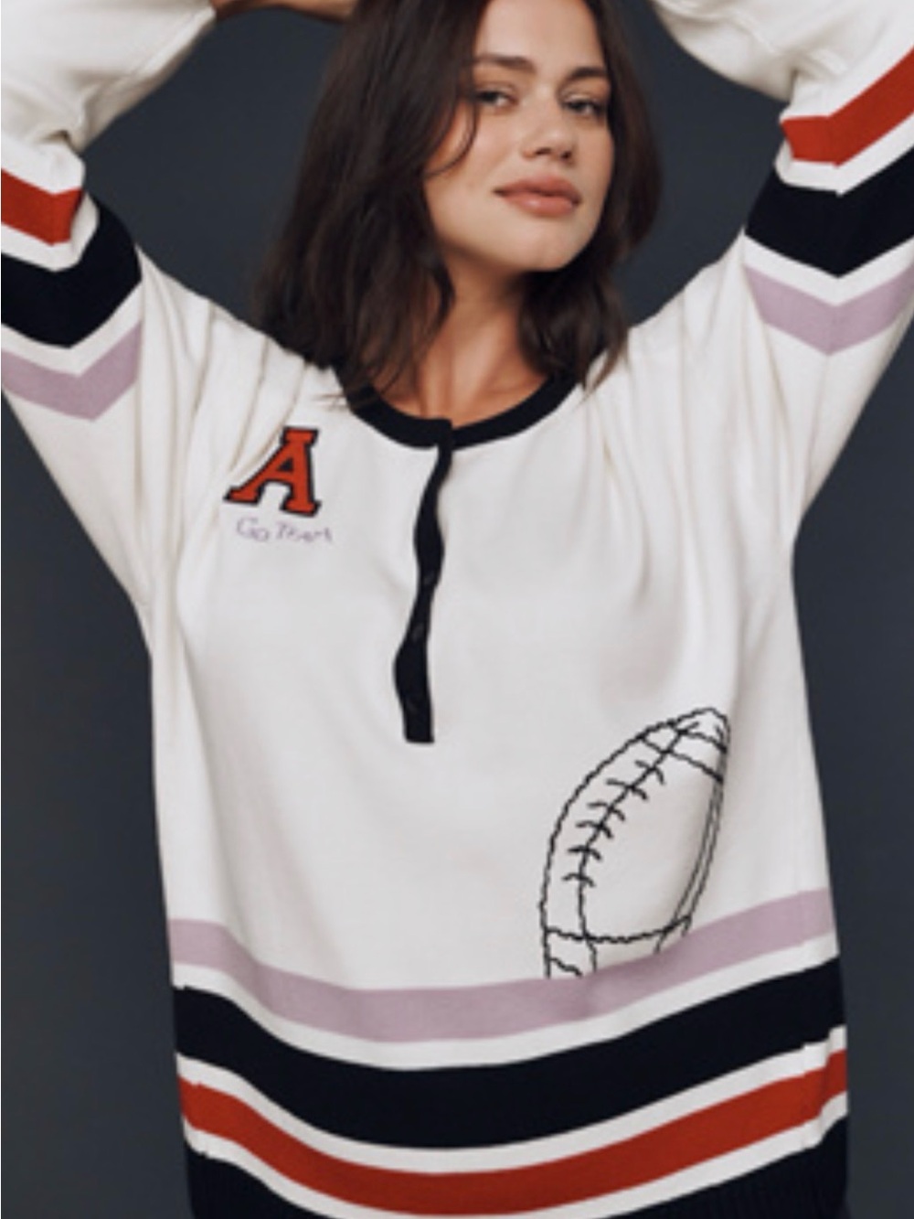 Women's White Knit Football-Graphic Pullover with Stripe Detail